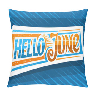 Personality  Vector Banner Hello June, Decorative Cut Paper Badge With Curly Calligraphic Font, Illustration Of Art Design Sunbeams, Summer Time Concept With Swirly Hand Written Words Hello June On Blue Background Pillow Covers