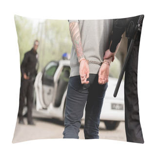 Personality  Cropped Image Of Policewoman Walking With Criminal In Handcuffs While Partner Waiting Them Near Car  Pillow Covers