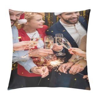 Personality  Cheerful Multiethnic Business People Holding Glasses Of Champagne And Sparklers During Christmas Party In Office  Pillow Covers