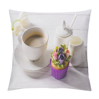 Personality  Close Up View Of Tulips, Cup Of Coffee, Sweet Muffin And Jag Of Cream On White Wooden Tabletop Pillow Covers