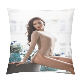Personality  Studio Portrait Of Beautiful Brunette Woman Wearing Beige Clothes. Charming Beauty Model Posing At Apartments Interior   Pillow Covers