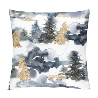 Personality  Watercolor Christmas Abstract Seamless Pattern Of Forest And Snow. Hand Painted Gold Fir Trees Isolated On White Background. Holiday Minimalistic Illustration For Design, Print, Fabric Or Background. Pillow Covers