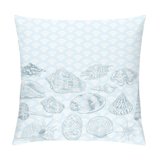 Personality  Summer Concept With Unique Museum Collection Of Sea Shells Rare Endangered Species, Molluscs Black Contour On Blue Background. Card Banner Design With Space For Text. Vector Illustration Pillow Covers
