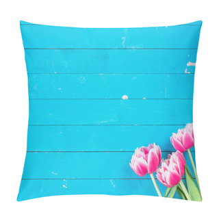 Personality  Vintage Blue Wooden Background With Pink Flowers Pillow Covers