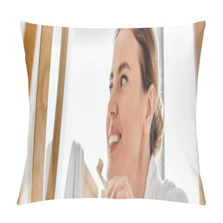 Personality  Appealing Joyful Woman With Blonde Hair In Bathrobe Brushing Her Teeth And Looking At Mirror, Banner Pillow Covers