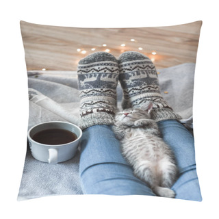 Personality  A Girl In Christmas Socks Sitting On A Plaid With Kitten Pillow Covers