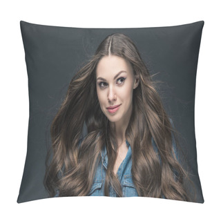 Personality  Portrait Of Pretty Girl With Long Hair, Isolated On Grey Pillow Covers