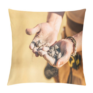 Personality  Cropped Image Of Construction Worker Holding Stones In Hand Palms  Pillow Covers