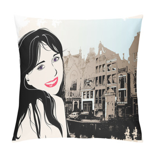 Personality Fashion Girl In Sketch Style On A City-background. Pillow Covers