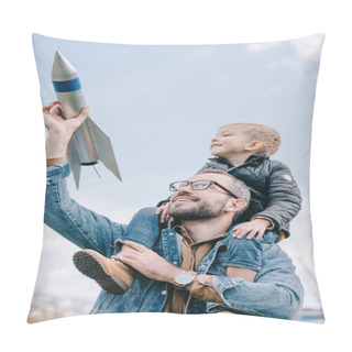 Personality  Happy Father Carrying Little Son On Neck And Holing Model Rocket Against Sky Pillow Covers