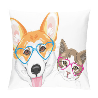 Personality  Happy Welsh Corgi And Cute Cat In Glasses Heart Shaped Pillow Covers