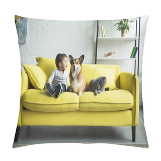 Personality  Happy Child Sitting On Yellow Sofa With Pets Pillow Covers