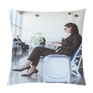 Personality  Young Businesswoman In Glasses With Smartphone Sitting At Departure Lounge In Airport Pillow Covers