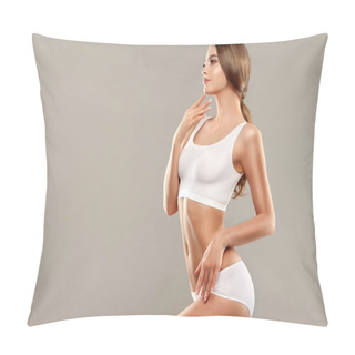 Personality  Perfect Slim Toned Young Body Of The Girl . An Example Of Sports , Fitness Or Plastic Surgery And Aesthetic Cosmetology. Pillow Covers