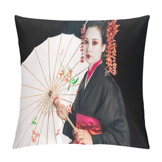 Personality  Geisha In Black Kimono With Red Flowers In Hair Holding Traditional Asian Umbrella Isolated On Black Pillow Covers