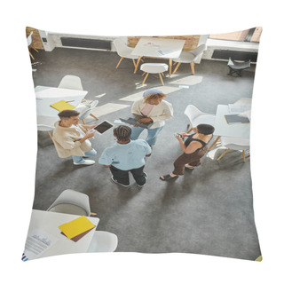 Personality  Interracial Business People Standing In Circle, Discussing Startup Project, Gadgets, Sharing Ideas Pillow Covers