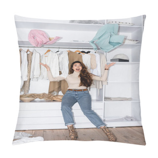 Personality  Excited Woman Throwing Clothes And Looking At Camera In Wardrobe  Pillow Covers
