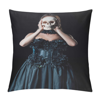 Personality  Scary Vampire Girl In Black Gothic Dress Holding Human Skull In Front Of Face Isolated On Black Pillow Covers
