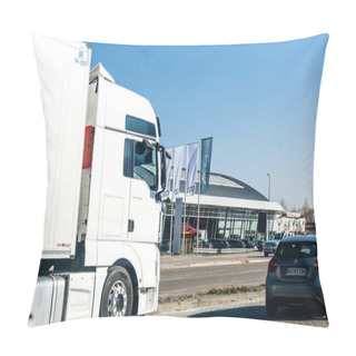 Personality  Audi Car Dealership In Germany View Through Truck And Cars Pillow Covers