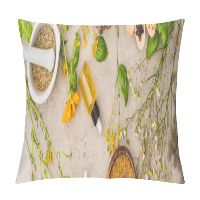 Personality  Panoramic Shot Of Herbs, Green Leaves, Mortar With Pestle On Concrete Background, Naturopathy Concept Pillow Covers
