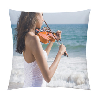 Personality  Young Pretty Woman Playing Violin On Beach Pillow Covers
