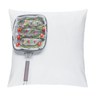 Personality  Top View Of Fish With Rosemary, Bay Leaves And Cherry Tomatoes In Tray With Baking Paper On White Table Pillow Covers