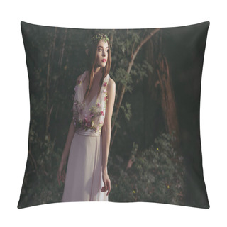 Personality  Beautiful Mystic Elf In Flower Dress And Floral Wreath In Woods Pillow Covers
