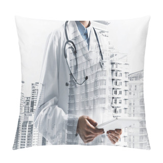 Personality  Double Exposure Of Conceptual Image Of Young Female Doctor Standing With Tablet In Hands And Modern City View On Background. Medical Industry Pillow Covers