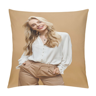 Personality  Jolly Blonde Woman In Trendy Casual Attire Posing With Hands In Pockets On Beige, Classic Fashion Pillow Covers