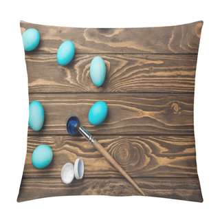Personality  Top View Of Pastel Blue Easter Eggs, Paints And Paintbrush On Wooden Surface With Copy Space Pillow Covers