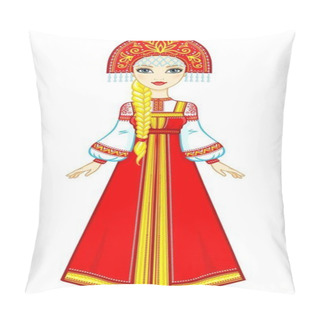 Personality  Portrait Of A Beautiful Girl In An Ancient Russian Dress. Sundress, Kokoshnik. Full Growth. Vector Illustration Isolated On A White Background. Pillow Covers