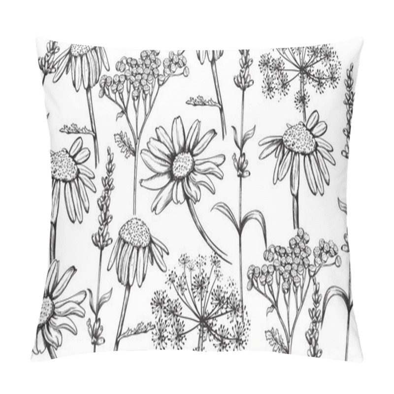 Personality  Chamomile, lavender and herbal flowers in line art style. Vectors pillow covers