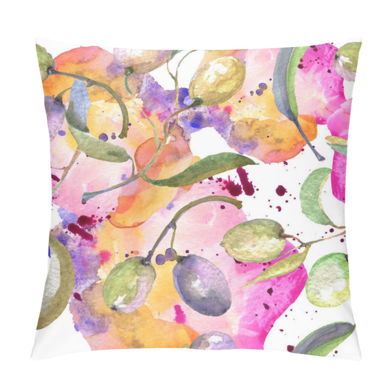 Personality  Olive Branch With Black And Green Fruit. Watercolor Background Illustration Set. Seamless Background Pattern. Pillow Covers