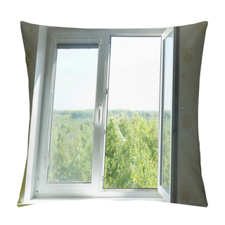 Personality  Open Plastic Window With Green Forest Under Sunny Sky On A Background.  Pillow Covers