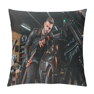 Personality  Handsome Young Man Sitting On Bike With Guitar At Garage Pillow Covers