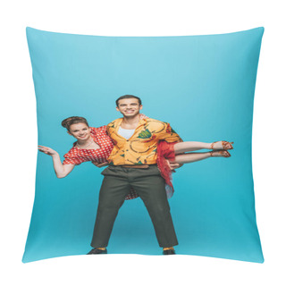 Personality  Handsome Dancer Holding Partner While Dancing Boogie-woogie On Blue Background Pillow Covers