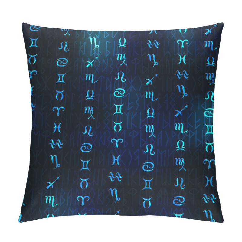 Personality  Glow Zodiac Symbols On Navy Blue Blur Background. Pillow Covers