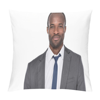 Personality  Portrait Of Smiling African American Businessman In Suit Isolated On White Pillow Covers