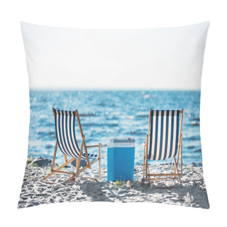 Personality  Back View Of Striped Chaise Lounges And Cooler N Sandy Beach Pillow Covers