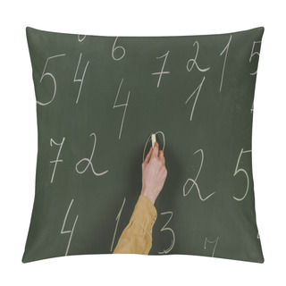 Personality  Cropped View Of Man Writing Numbers With Chalk On Blackboard Pillow Covers