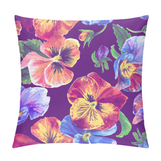 Personality  Watercolor Floral Pattern. Beautiful Pansies Isolated On Violet Background Pillow Covers