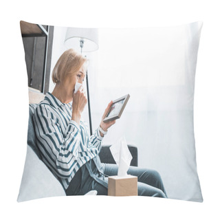 Personality  Depressed Senior Woman Crying And Wiping Face From Tears With Tissue While Looking At Picture Frame  Pillow Covers