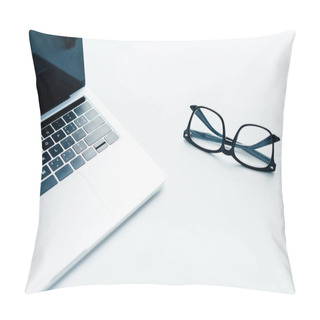 Personality  Laptop With Blank Screen And Eyeglasses Beside, Minimalistic Conception Pillow Covers
