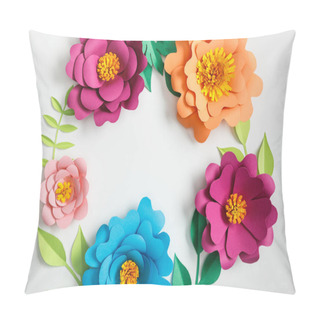 Personality  Top View Of Multicolored Paper Flowers And Green Leaves On Grey Background Pillow Covers