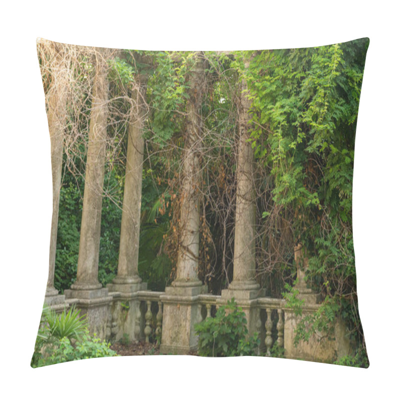 Personality  Ivy growing on stone pillars or columns in mountain recreational forest or park. pillow covers