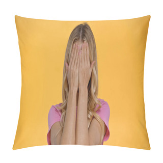 Personality  Blonde Woman In T-shirt Covering Face With Hands Isolated On Yellow  Pillow Covers