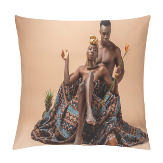 Personality  Sexy Naked Tribal Afro Woman Covered In Blanket Posing Near Man And Pineapple On Beige Pillow Covers