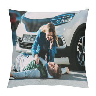 Personality  Scared Young Woman Calling Emergency And Looking At Injured Man On Road After Traffic Accident  Pillow Covers