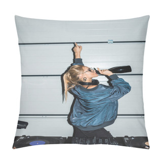 Personality  Dj Woman Gesturing Near Dj Mixer And Drinking Wine From Bottle Pillow Covers