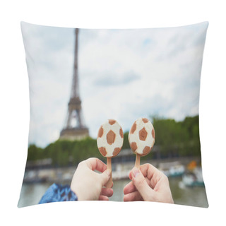 Personality  Couple In Paris Holding Ice Cream In Form Of Soccer Ball In Front Of The Eiffel Tower In Paris Pillow Covers